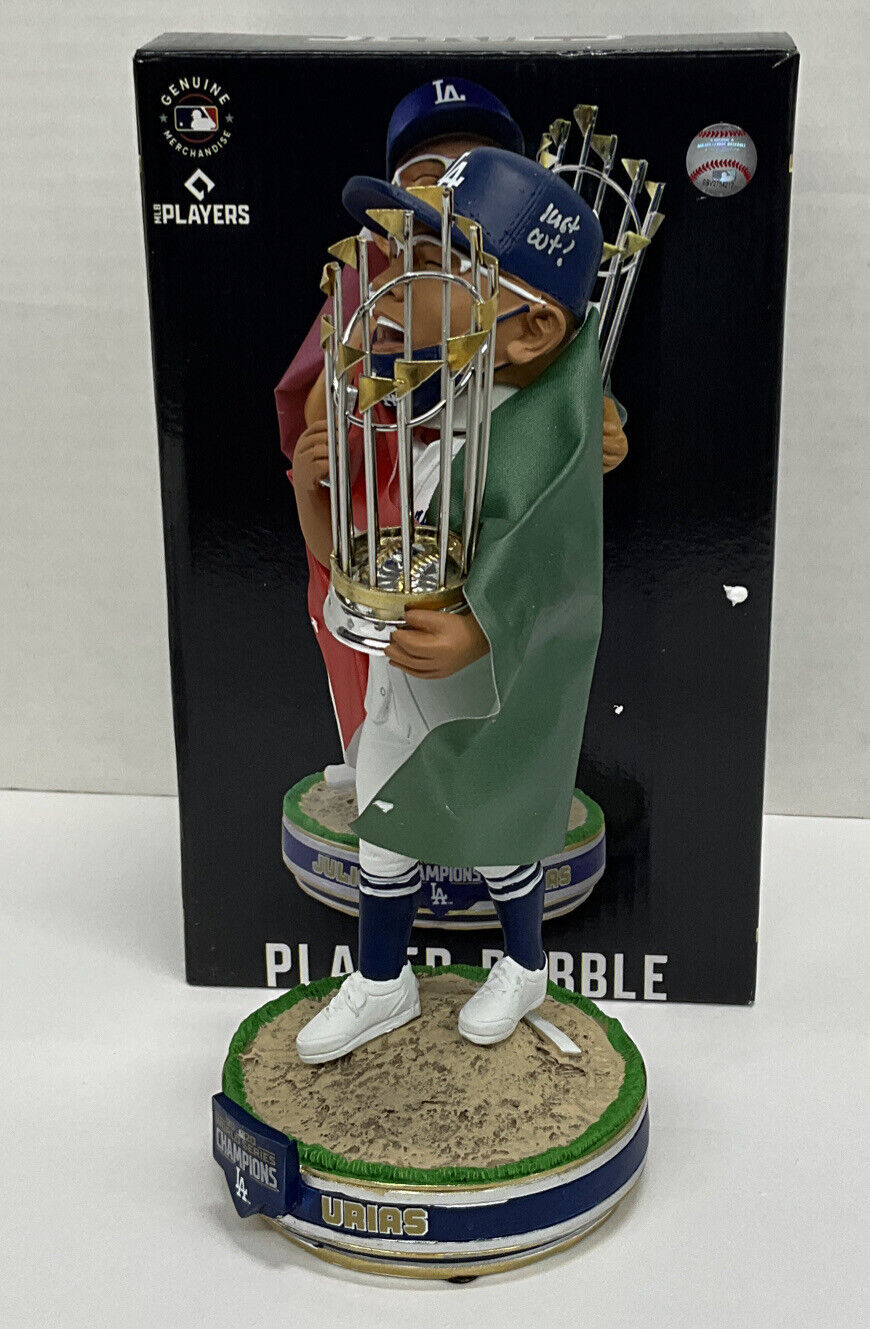 JULIO URIAS DODGERS SIGNED 2020 WS FOCO FLAG BOBBLEHEAD "LAST OUT" BAS WX95695