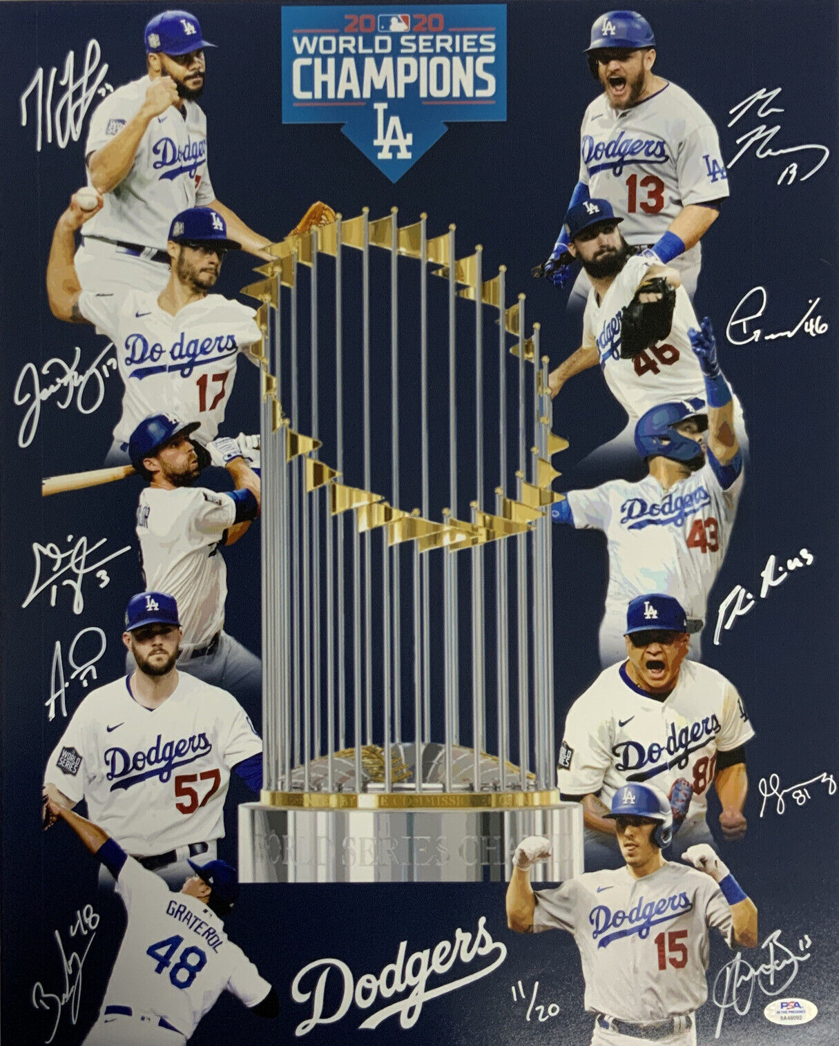 11/20 DODGERS 2020 WORLD SERIES 16X20 PHOTO WITH 10 AUTOGRAPHS MUNCY TAYLOR PSA