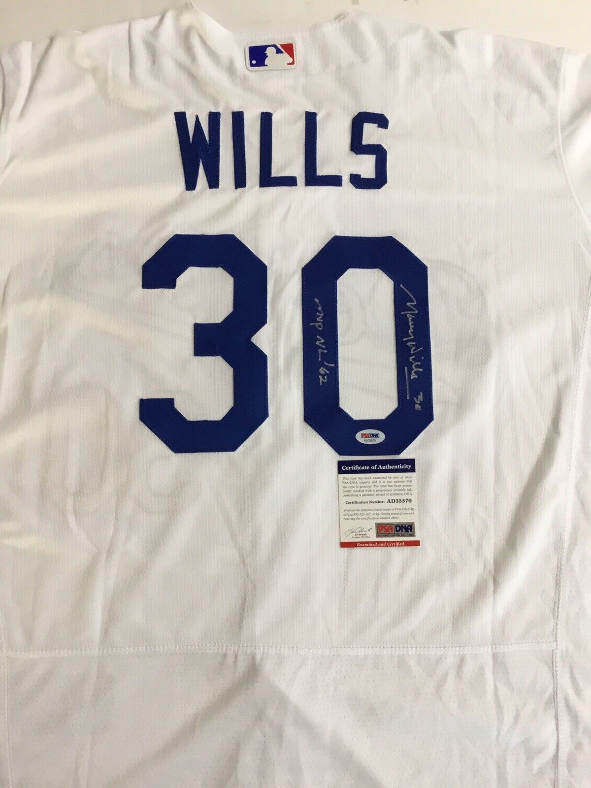 MAURY WILLS DODGERS SIGNED JERSEY WITH "MVP NL 62'" INSCRIPTION PSA COA