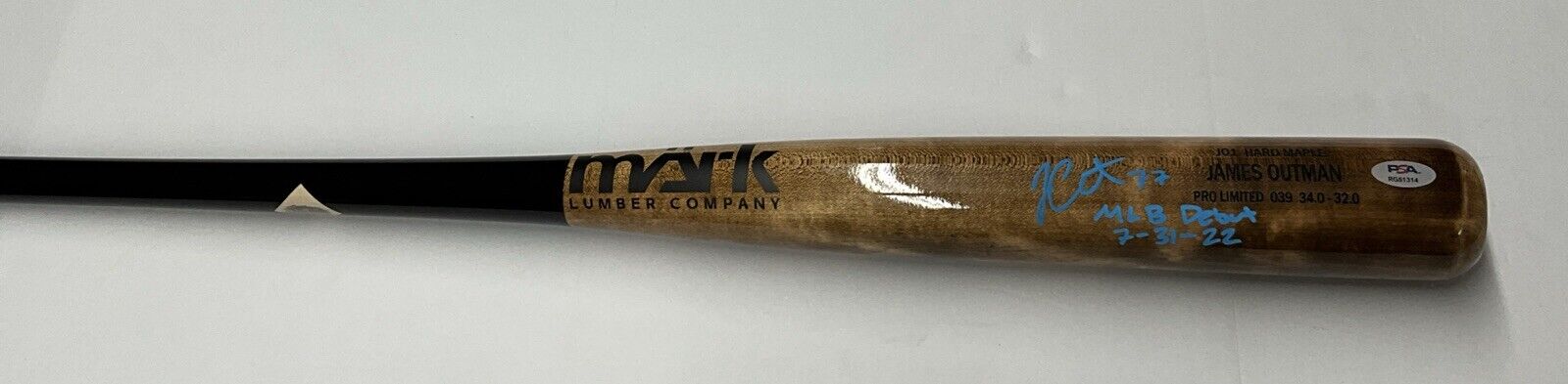 JAMES OUTMAN DODGERS SIGNED MARK LUMBER MODEL BAT "MLB DEBUT 7-31-22 PSA RG51314