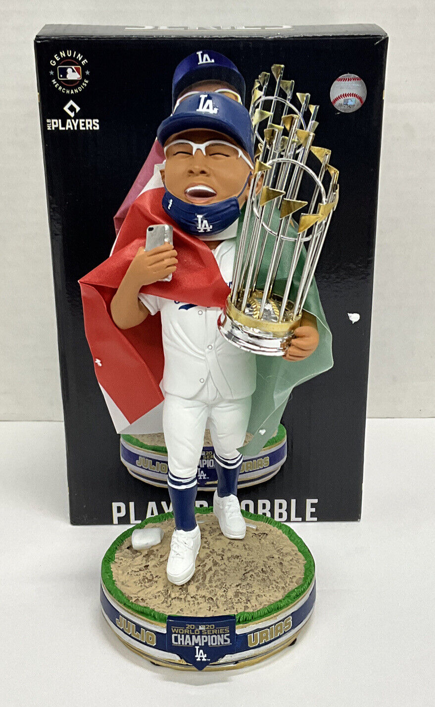 JULIO URIAS DODGERS SIGNED 2020 WS FOCO FLAG BOBBLEHEAD "LAST OUT" BAS WX95695