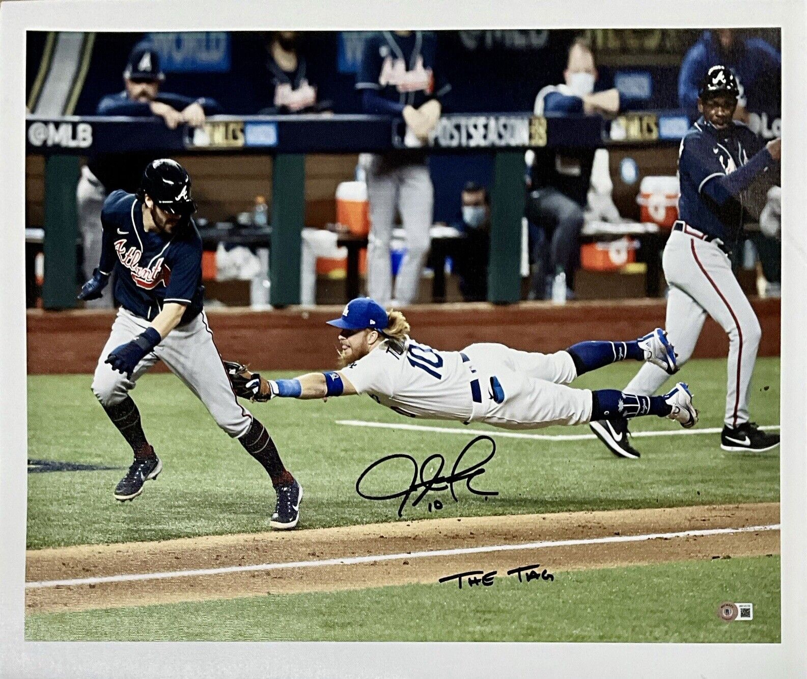 JUSTIN TURNER DODGERS SIGNED 18X22 2020 NLCS CANVAS "THE TAG" INSC BAS WK50220