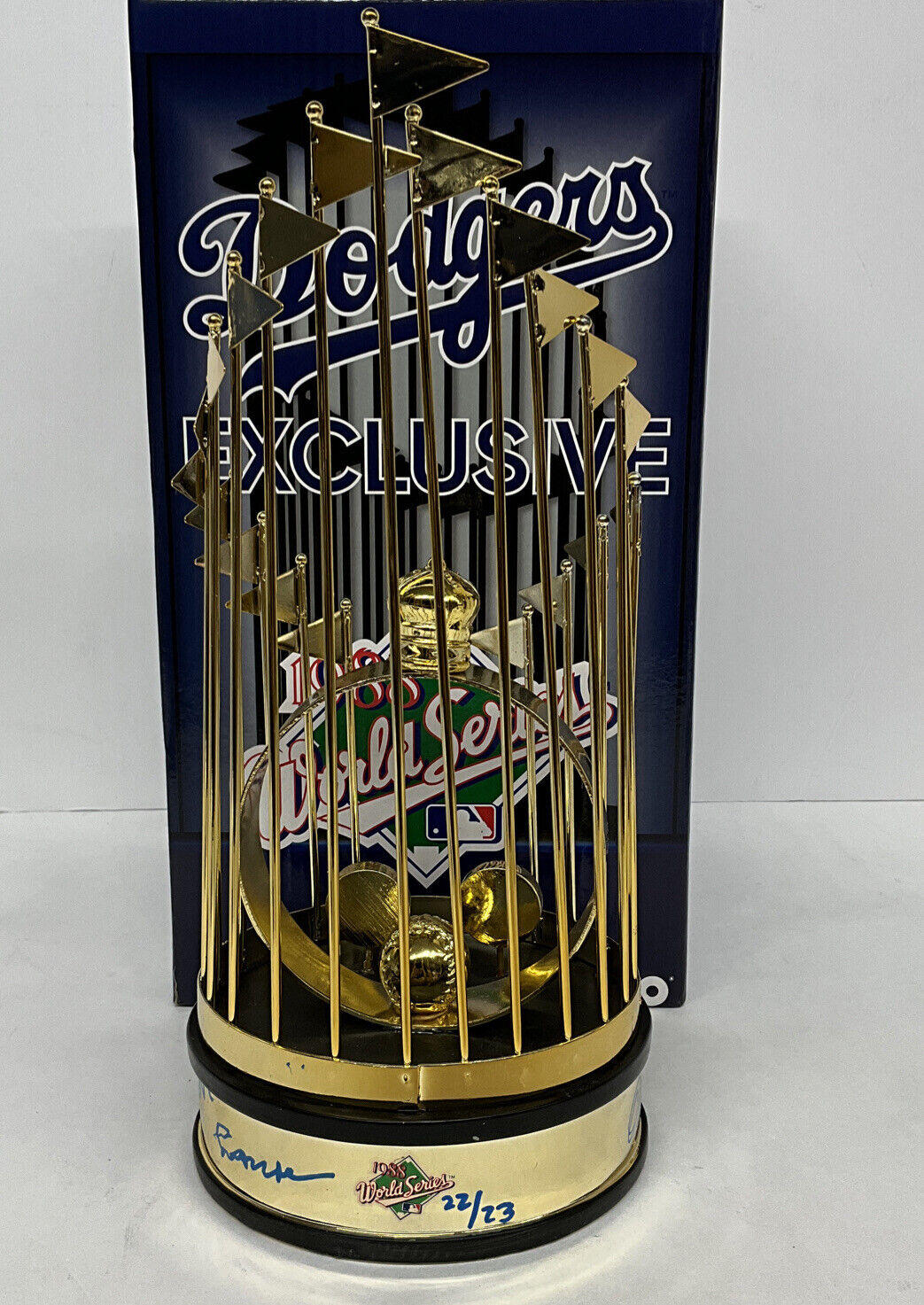 OREL HERSHISER KIRK GIBSON LASORDA SIGNED DODGERS 12" 88 WS TROPHY PSA 8A78414