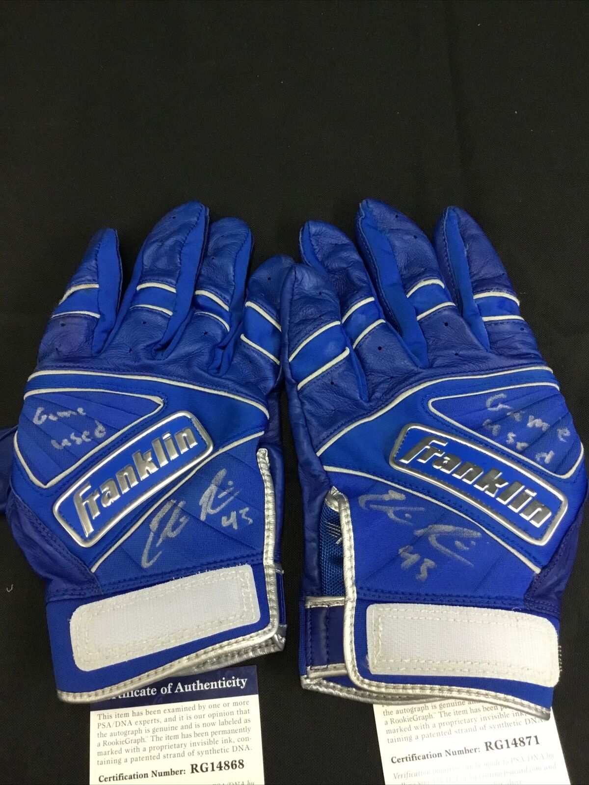 EDWIN RIOS DODGERS SIGNED & INSCRIBED GAME USED BATTING GLOVES PSA RG14871 / 68