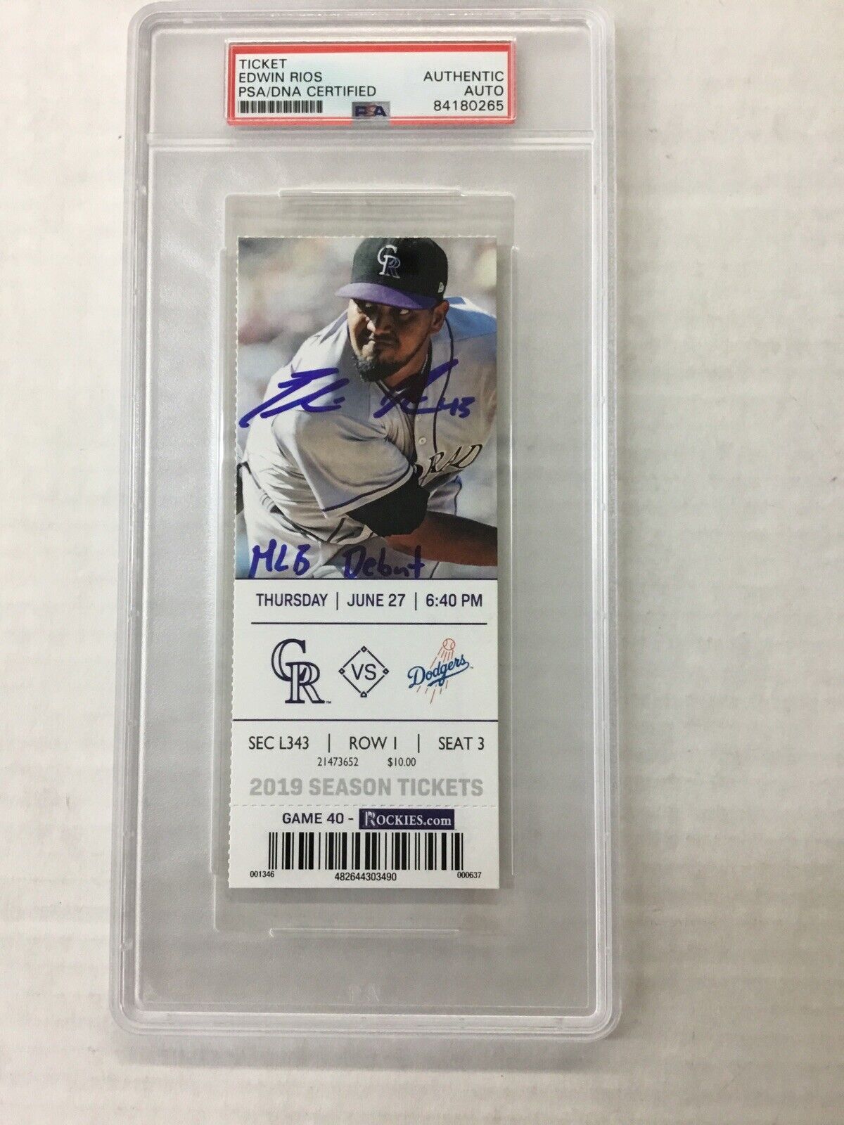 DODGERS EDWIN RIOS SIGNED MLB DEBUT 06-27-19 TICKET STUB PSA/DNA SLABBED 4180265