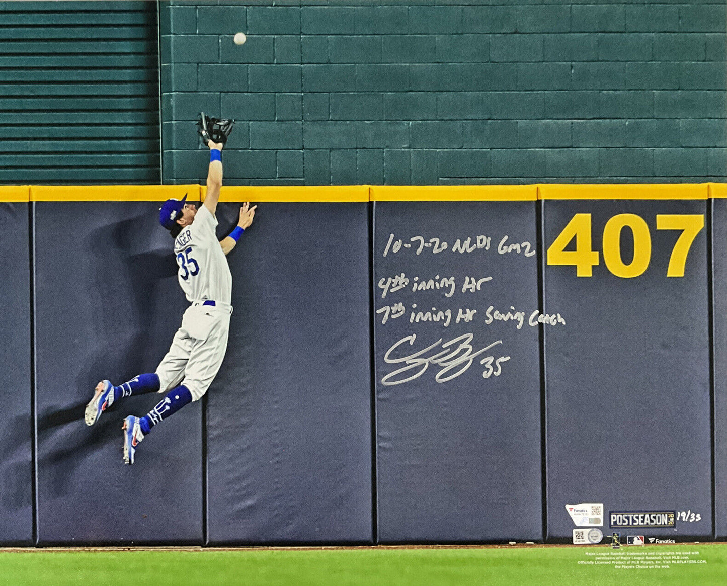 19/35 CODY BELLINGER DODGERS SIGNED 2020 NLDS GAME 16X20 PHOTO 3 INSCRIPTION MLB