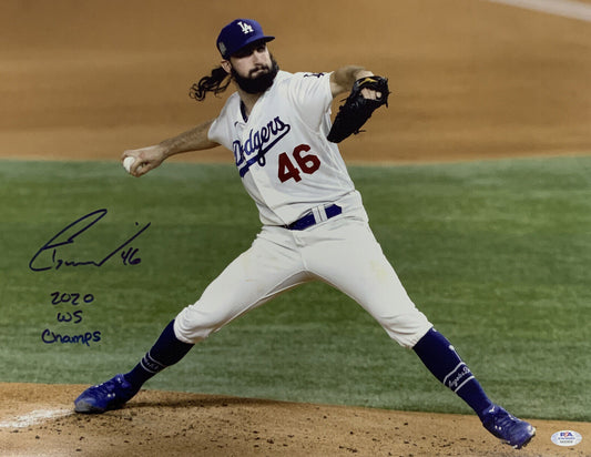 TONY GONSOLIN DODGERS SIGNED 16X20 PITCHING PHOTO "2020 WS CHAMPS" PSA WITNESS