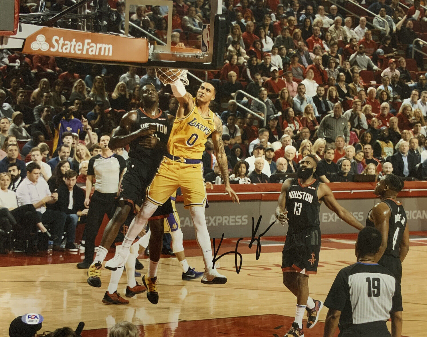 KYLE KUZMA LAKERS 2020 CHAMPION SIGNED 16X20 DUNK VS ROCKETS PHOTO PSA