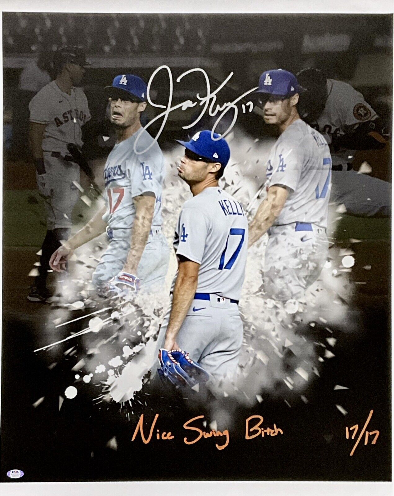 17/17 JOE KELLY DODGERS SIGNED 22X26 POUTY FACE EDIT CANVAS NICE SWING BITCH PSA