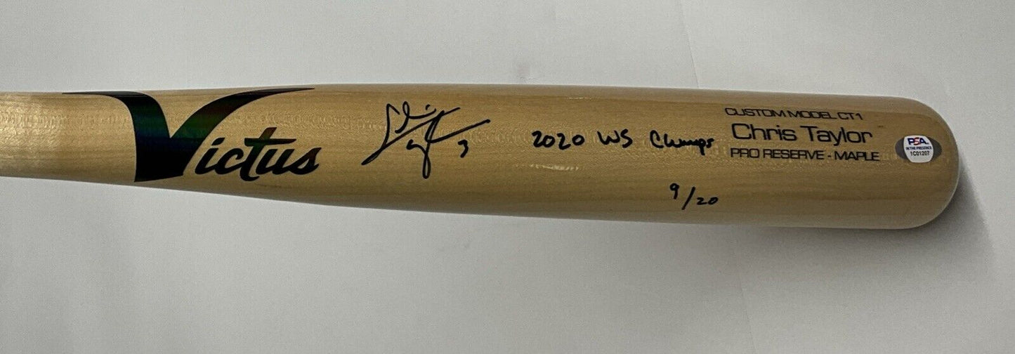 9/20 CHRIS TAYLOR DODGERS SIGNED VICTUS GAME MODEL BAT "2020 WS CHAMPS" INS PSA