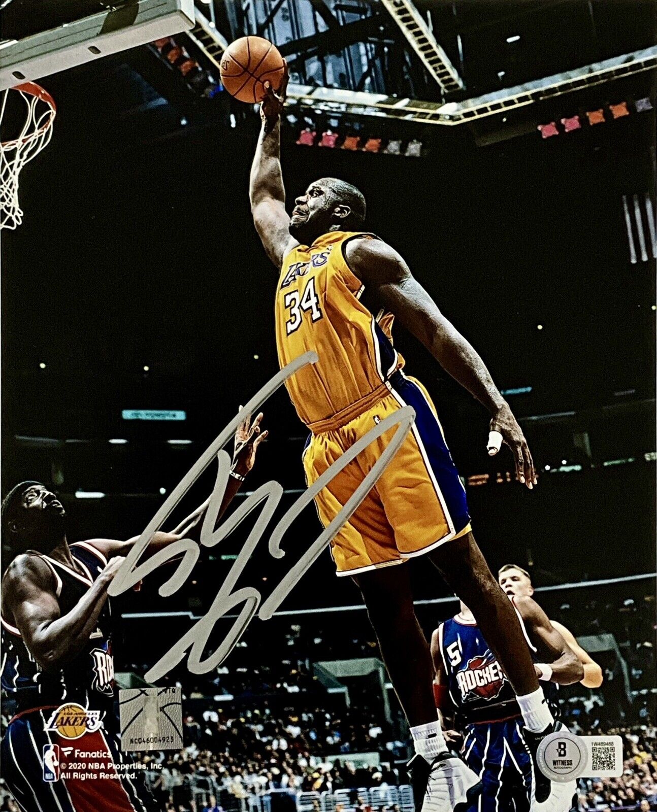 SHAQUILLE O'NEAL LAKERS SIGNED 8X10 PHOTO DUNK VS ROCKETS BAS WITNESS