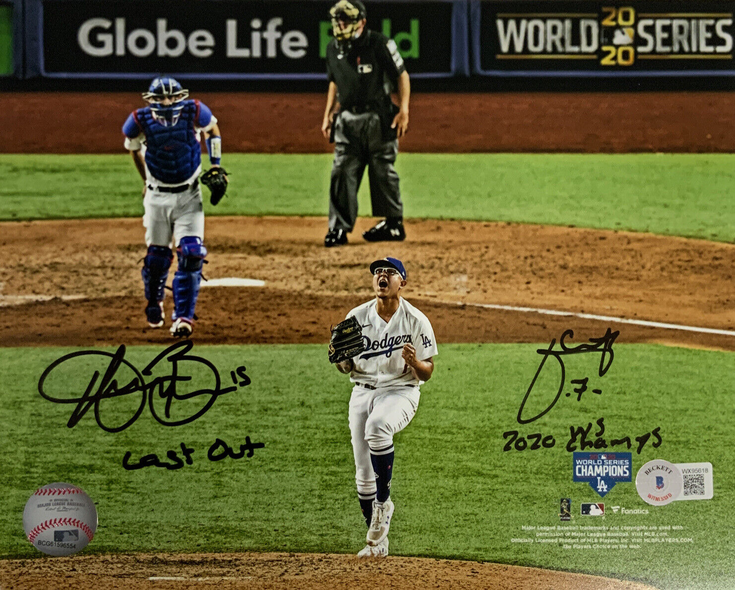 JULIO URIAS AUSTIN BARNES DODGERS SIGNED 8X10 PHOTO "LAST OUT, WS CHAMPS" BAS