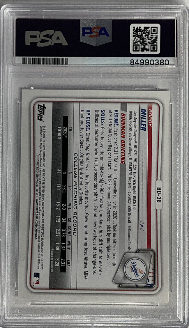 BOBBY MILLER DODGERS SIGNED 1ST BOWMAN PSA SLAB ROOKIEGRAPH ITP 84990380