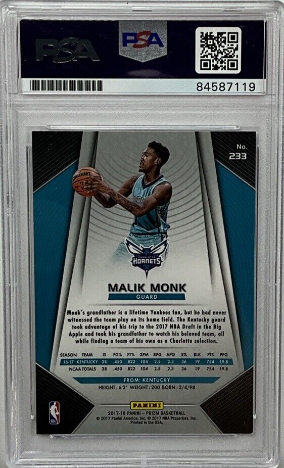 MALIK MONK SIGNED HORNETS PANINI PRIZM 233 RC PSA SLABBED 84587119 GM MT 10 AUT0