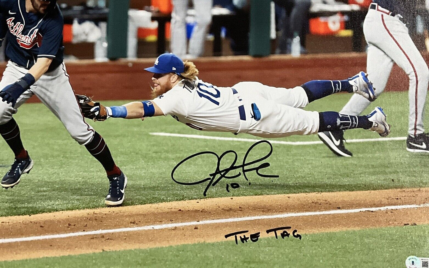 JUSTIN TURNER DODGERS SIGNED 18X22 2020 NLCS CANVAS "THE TAG" INSC BAS WK50223