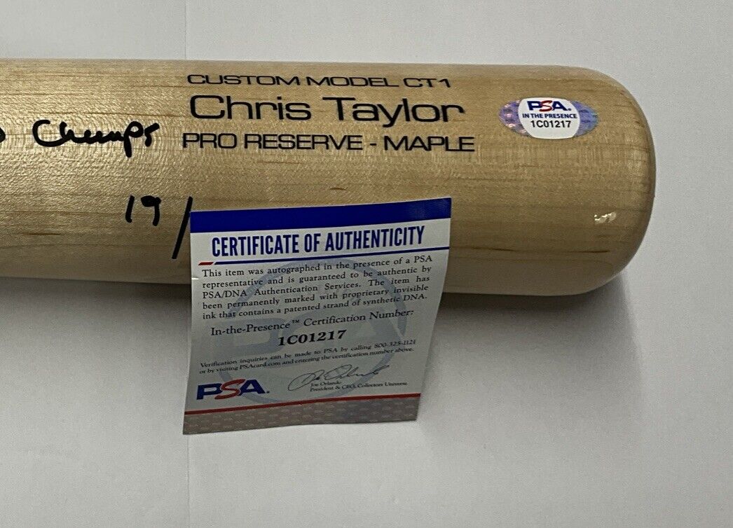 19/20 CHRIS TAYLOR DODGERS SIGNED VICTUS GAME MODEL BAT "2020 WS CHAMPS" INS PSA