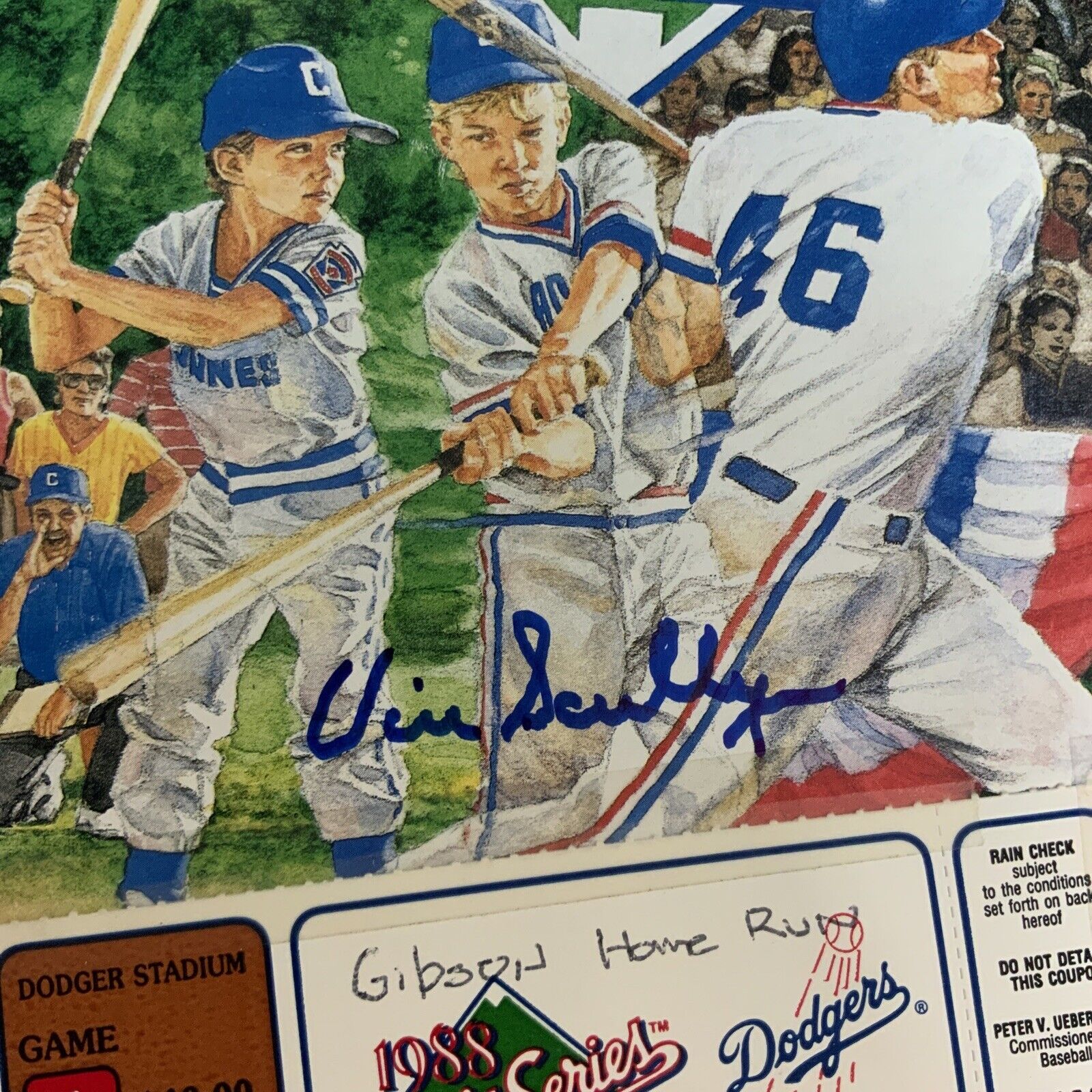 1988 WORLD SERIES PROGRAM SIGNED BY VIN SCULLY & KIRK GIBSON W/ TICKET STUB PSA