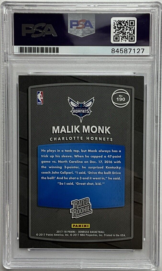 MALIK MONK SIGNED HORNETS PANINI DONRUSS #190 RC PSA SLABBED 84587127