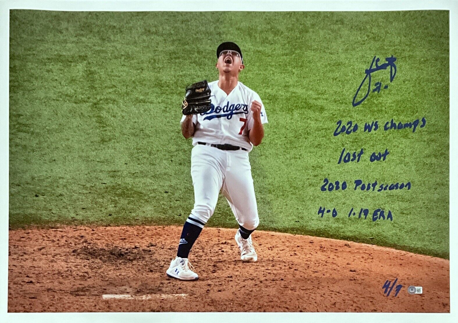 4/7 JULIO URIAS DODGERS SIGNED 22X32 CANVAS "2020 WS CHAMPS, LAST OUT" INS BAS