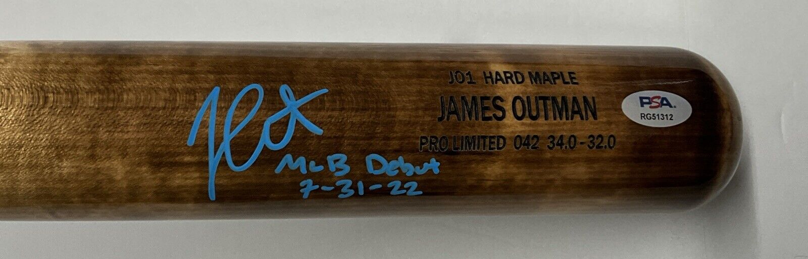 JAMES OUTMAN DODGERS SIGNED MARK LUMBER MODEL BAT "MLB DEBUT 7-31-22 PSA RG51312