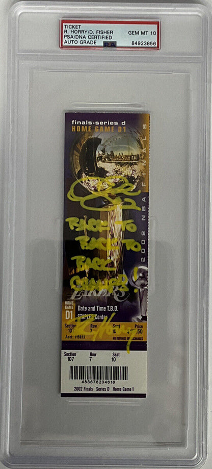 DEREK FISHER & HORRY SIGNED 02 NBA FINALS TICKET STUB PSA 84923856 GM MT 10 AUTO