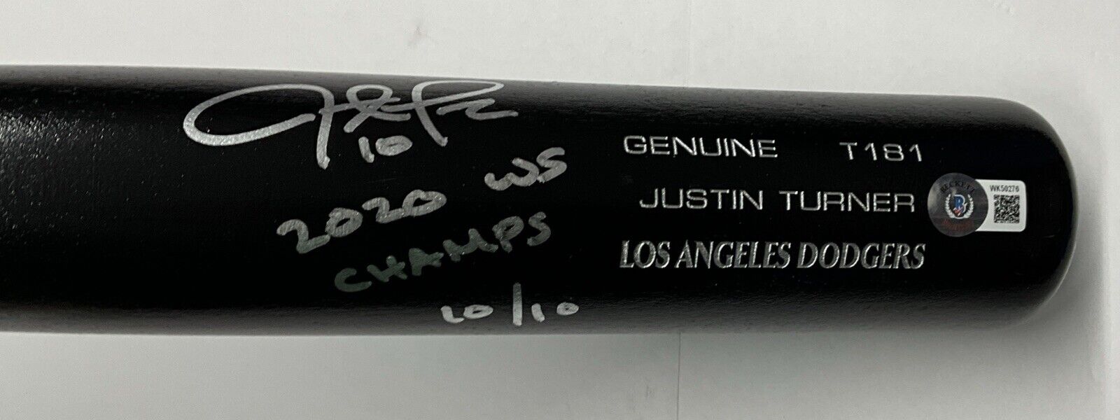 10/10 S JUSTIN TURNER DODGERS SIGNED LOUISVILLE SLUGGER BAT "2020 WS CHAMPS" BAS