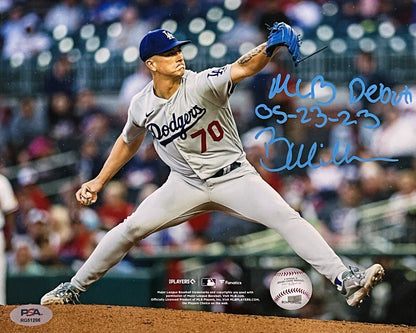 BOBBY MILLER DODGERS SIGNED 8X10 VS BRAVES "MLB DEBUT 05-23-23" INSC PSA WITNESS