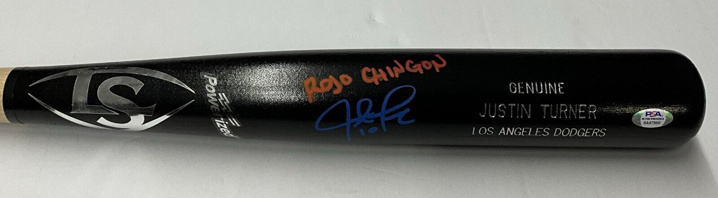 JUSTIN TURNER DODGERS SIGNED LOUISVILLE SLUGGER BAT "ROJO CHINGON" PSA 9A87960