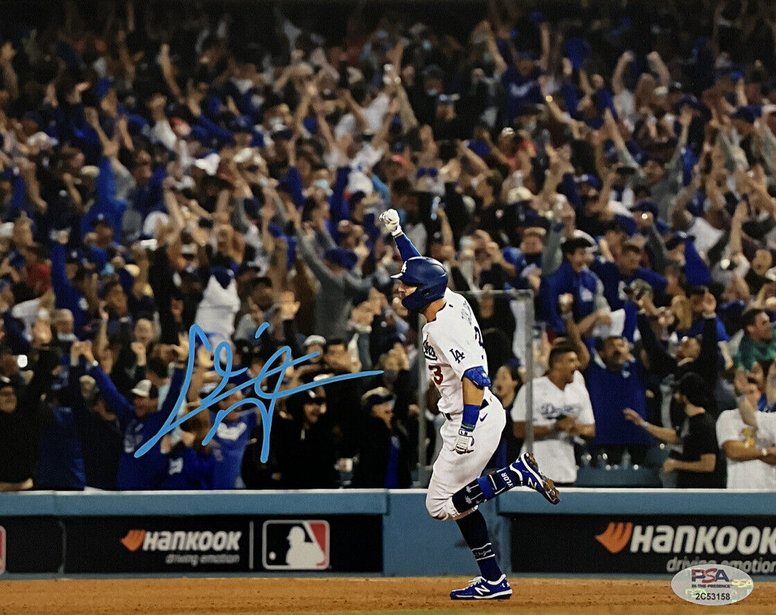 CHRIS TAYLOR DODGERS SIGNED 8X10 2021 WILDCARD WALKOFF HR FIST UP PHOTO BLUE PSA