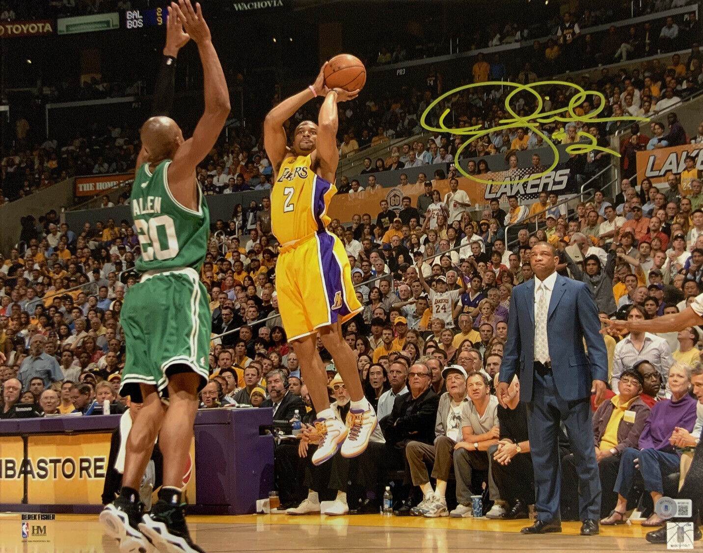 DEREK FISHER LAKERS 5X NBA CHAMPION SIGNED 16X20 SHOOTING PHOTO VS CELTICS BAS