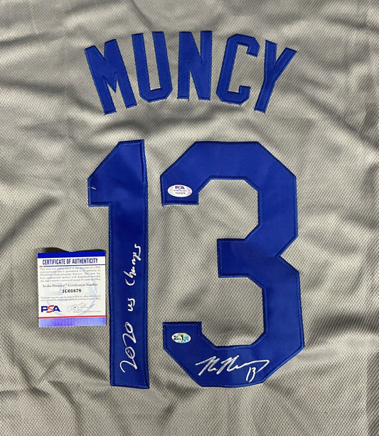 MAX MUNCY DODGERS SIGNED 2020 WORLD SERIES JERSEY "2020 WS CHAMPS" PSA 1C01878