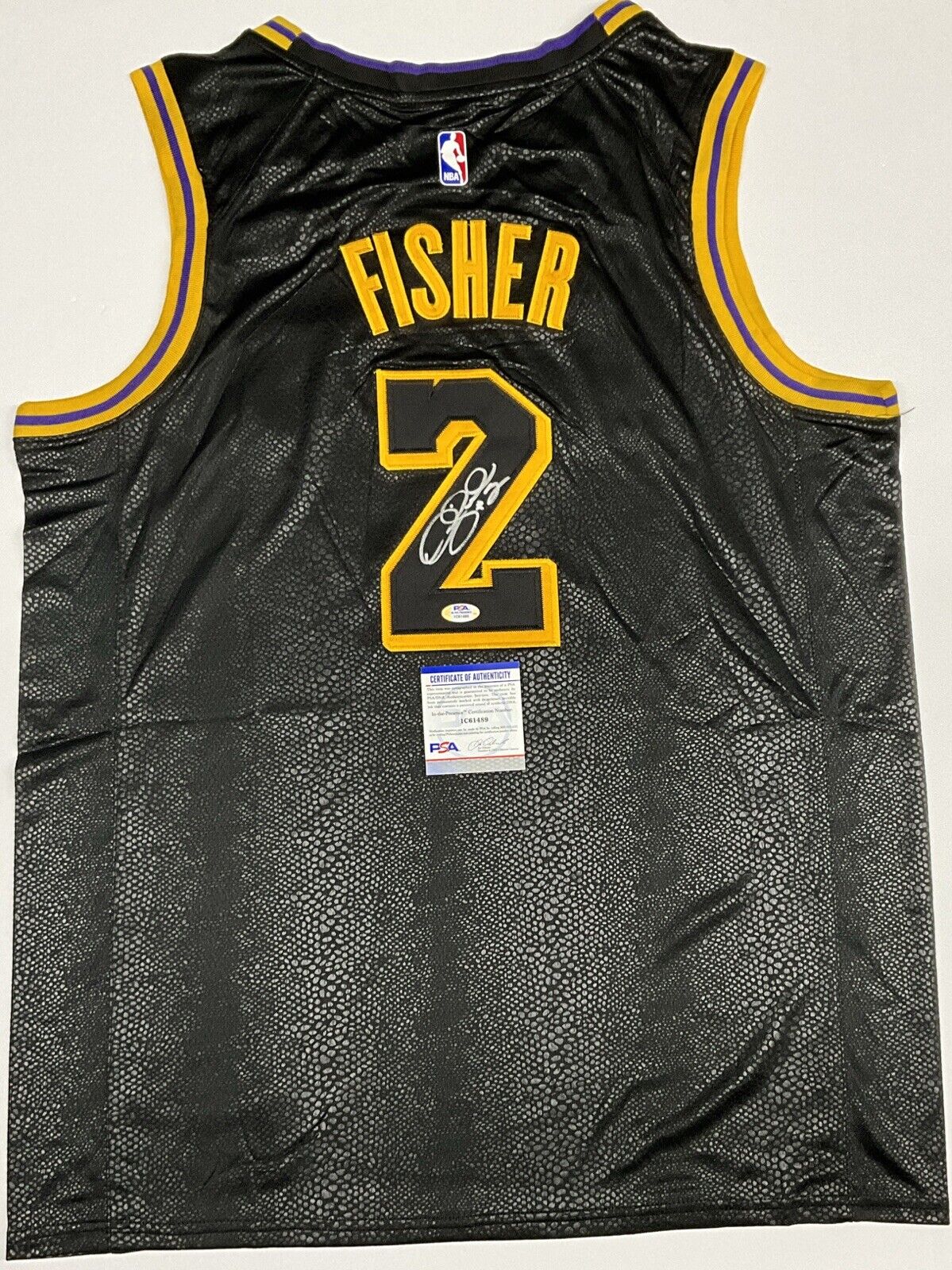 DEREK FISHER LOS ANGELES LAKERS 5X NBA CHAMPION SIGNED BLACK JERSEY PSA 1C61489