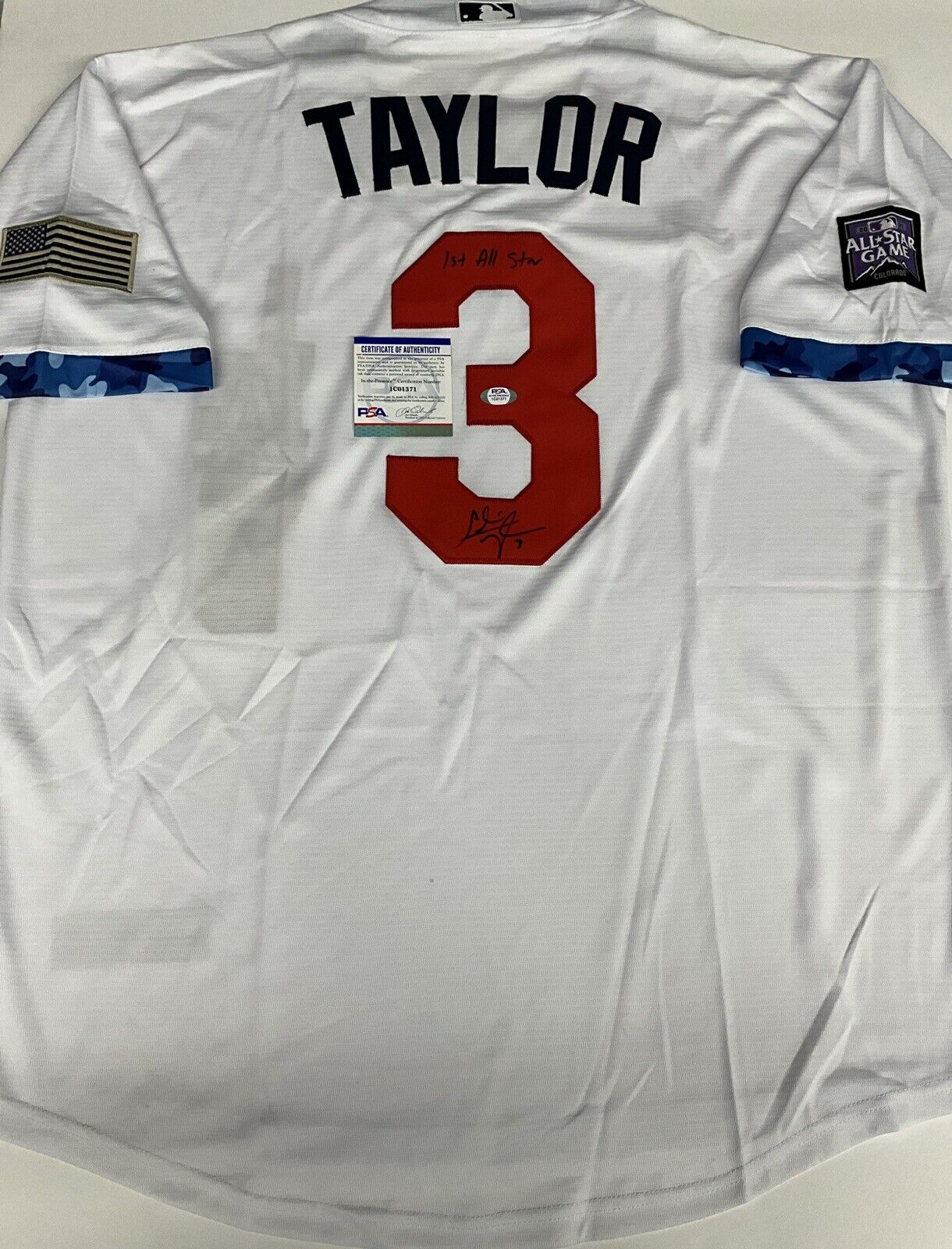 CHRIS TAYLOR DODGERS SIGNED 2021 ALL STAR GAME JERSEY "1ST ALL STAR" PSA 1C01371