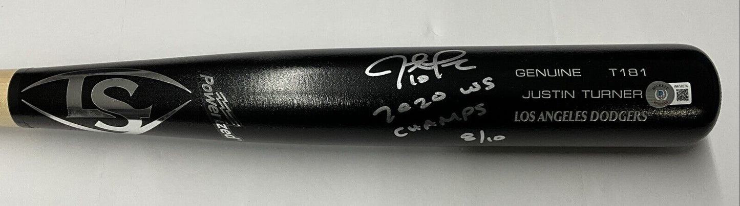 8/10 S JUSTIN TURNER DODGERS SIGNED LOUISVILLE SLUGGER BAT "2020 WS CHAMPS" BAS