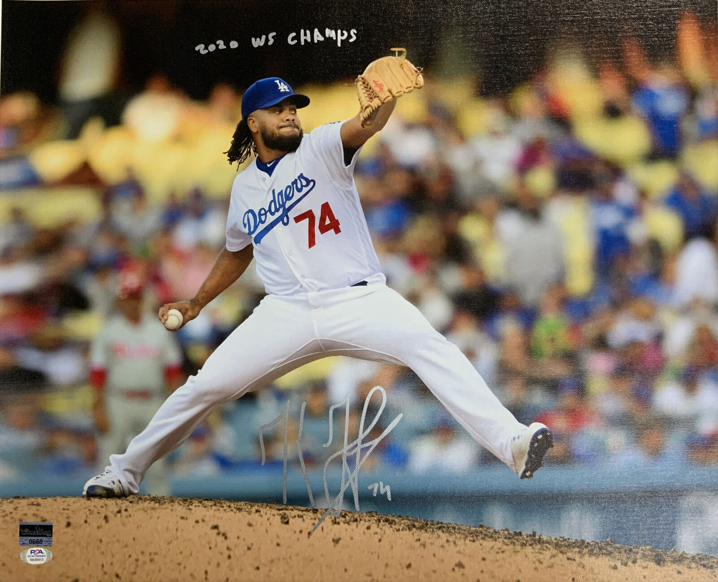 KENLEY JANSEN DODGERS SIGNED 18X22 CANVAS PRINT "2020 CHAMPS" INSC PSA 9A48413