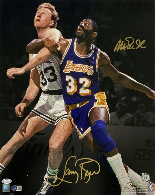 MAGIC JOHNSON LAKERS LARRY BIRD BOSTON CELTICS SIGNED 16X20 PHOTO BAS PSA C10264