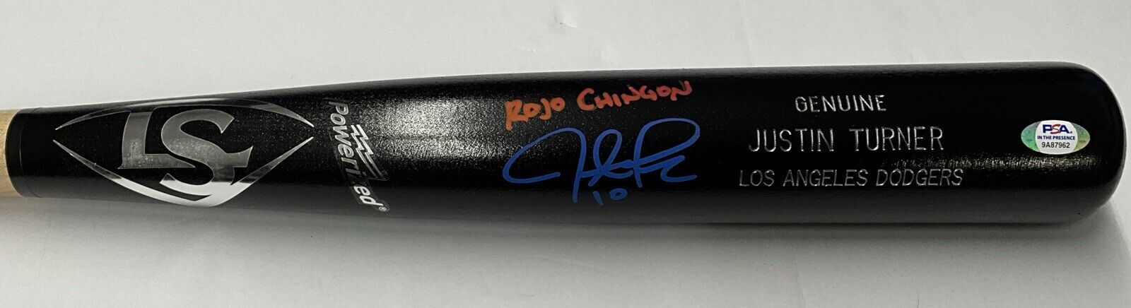 JUSTIN TURNER DODGERS SIGNED LOUISVILLE SLUGGER BAT "ROJO CHINGON" PSA 9A87962