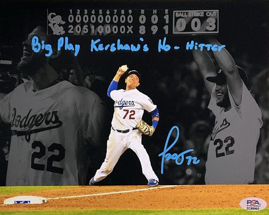 MIGUEL ROJAS DODGERS SIGNED 8X10 PHOTO EDIT "BIG PLAY KERSHAW'S NO-HITTER" PSA