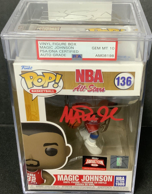 MAGIC JOHNSON SIGNED ALL STAR #136 FUNKO POP PSA AM08198 SLABBED GEM MT 10 AUTO