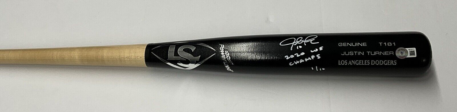 1/10 W JUSTIN TURNER DODGERS SIGNED LOUISVILLE SLUGGER BAT "2020 WS CHAMPS" BAS