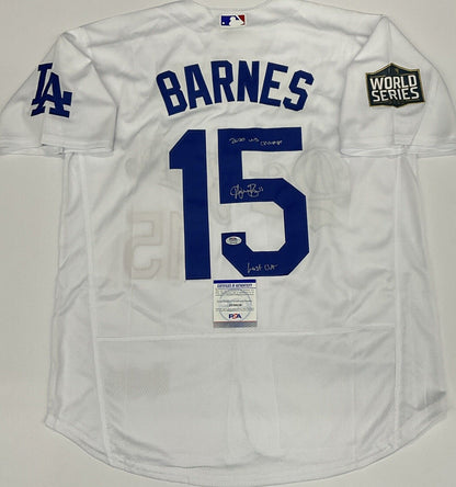 AUSTIN BARNES SIGNED 2020 WS JERSEY "2020 WS CHAMPS LAST OUT" PSA 2C59536