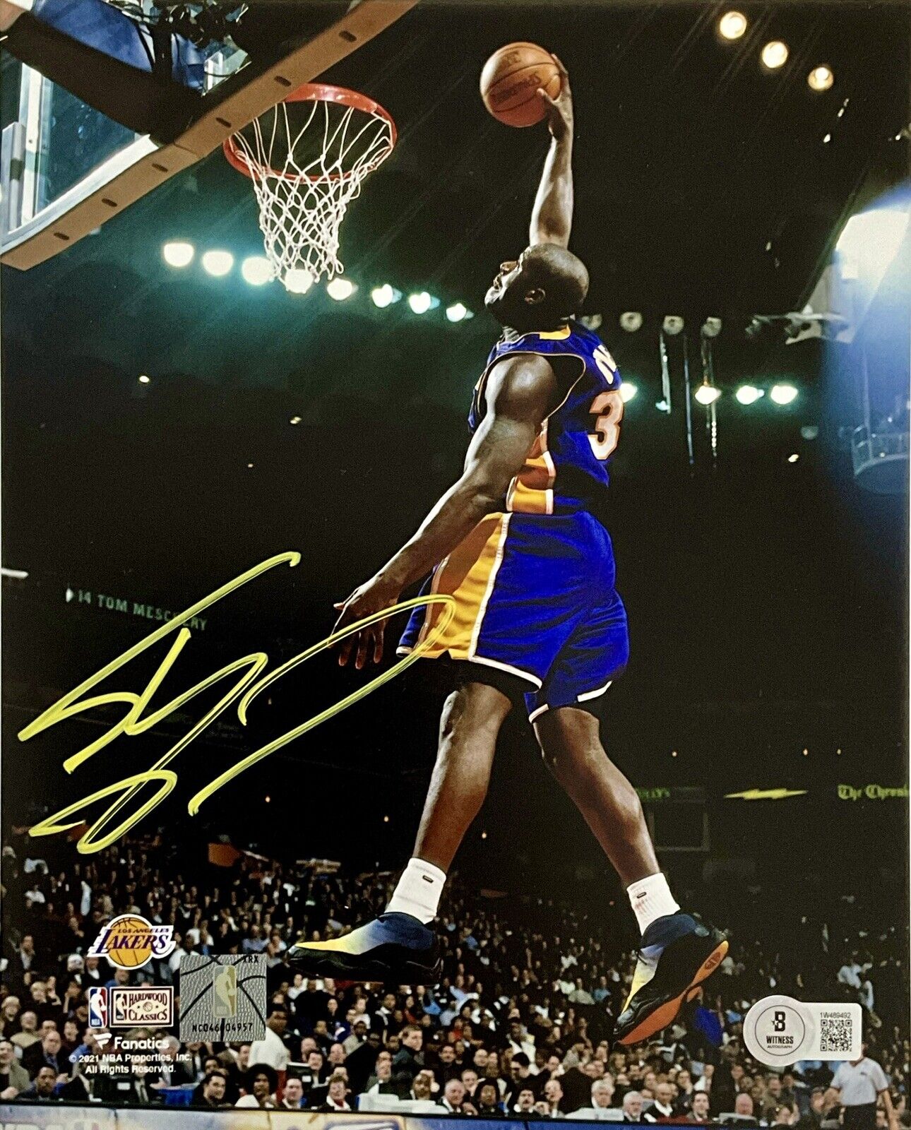 SHAQUILLE O'NEAL LAKERS SIGNED 8X10 PHOTO ONE-HANDED PURPLE DUNK BAS WITNESS