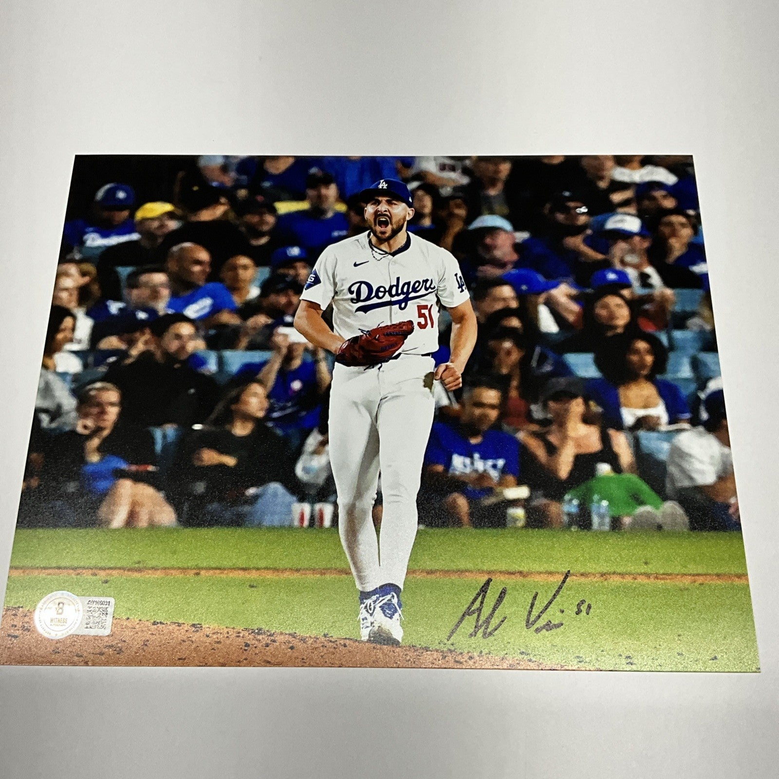 ALEX VESIA DODGERS 2024 WS CHAMPION SIGNED 8X10 SHOUTING PHOTO BAS