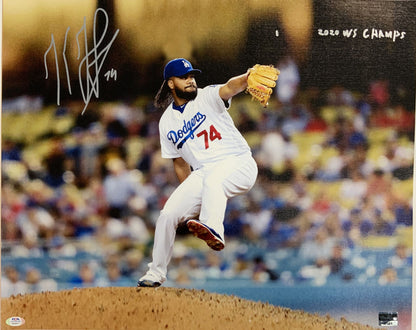 KENLEY JANSEN DODGERS SIGNED 18X22 CANVAS PRINT "2020 CHAMPS" INSC PSA 9A48411