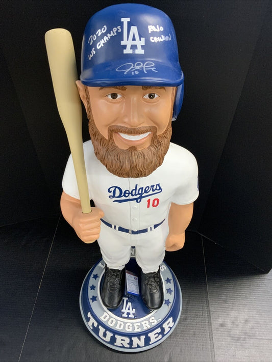 7/10 JUSTIN TURNER DODGERS SIGNED 3FT BOBBLEHEAD "2020 WS CHAMPS" PSA 9A70670