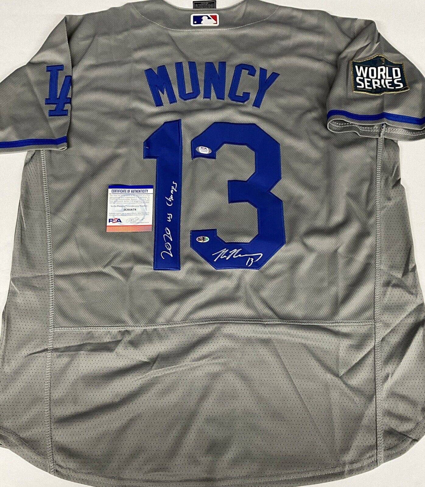 MAX MUNCY DODGERS SIGNED 2020 WORLD SERIES JERSEY "2020 WS CHAMPS" PSA 1C01878