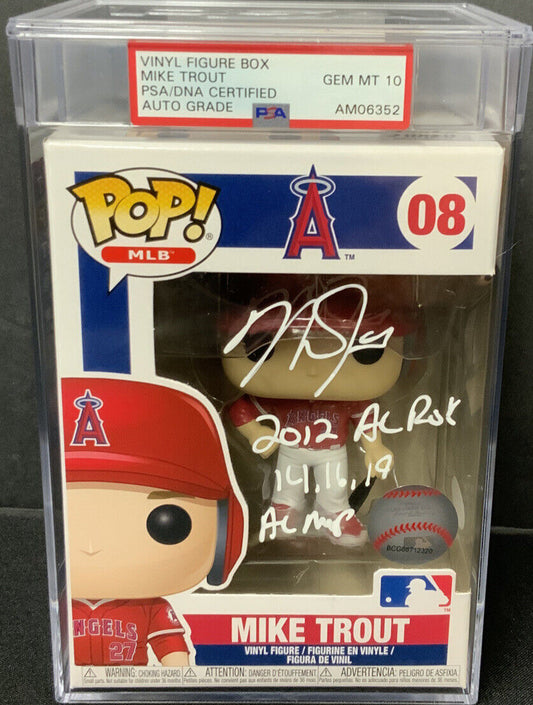 MIKE TROUT SIGNED ANGELS FUNKO POP 08 "MVP, ROY" INSC PSA SLABBED GEM MT 10 AUTO