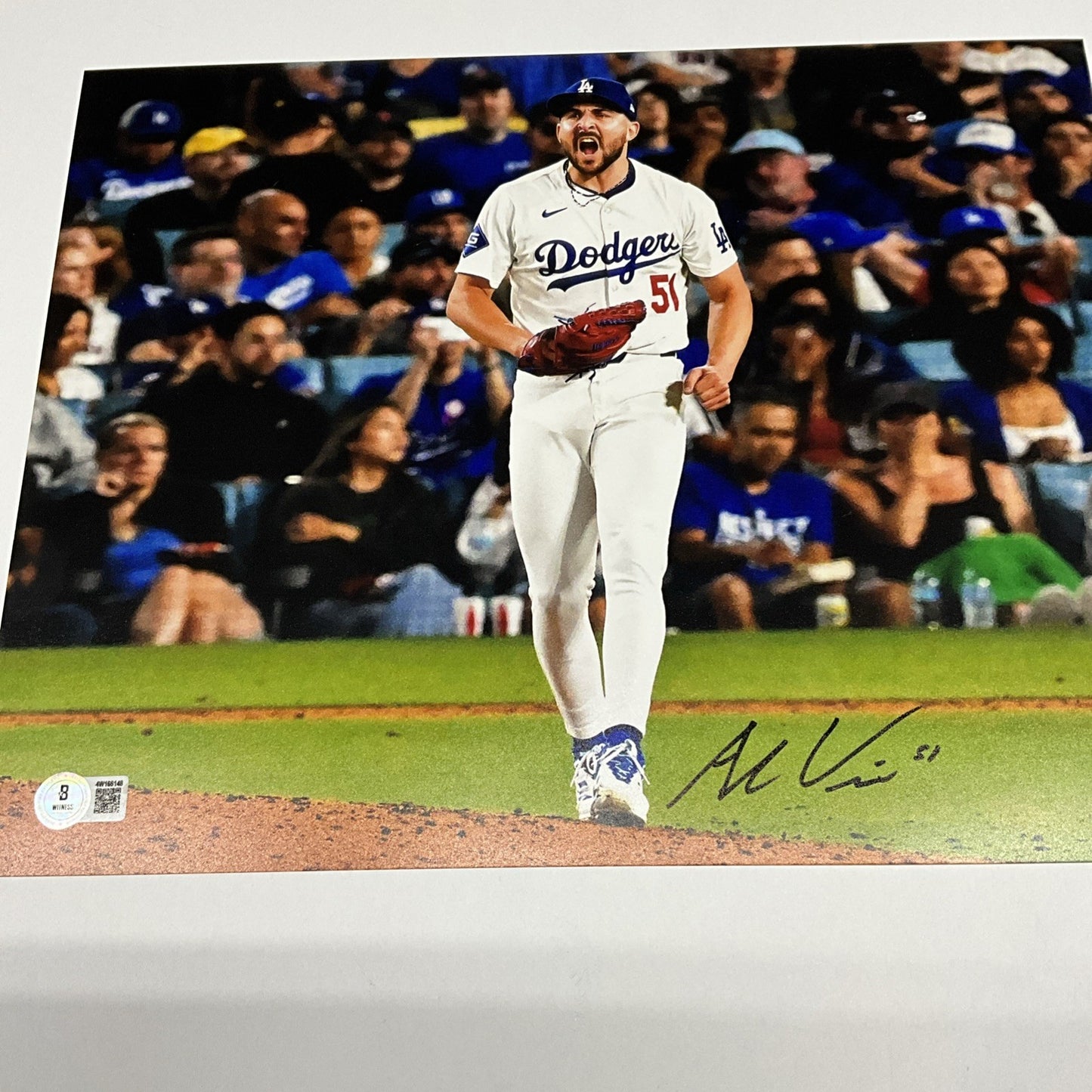ALEX VESIA DODGERS 2024 WS CHAMPION SIGNED 11X14 SHOUTING PHOTO BAS