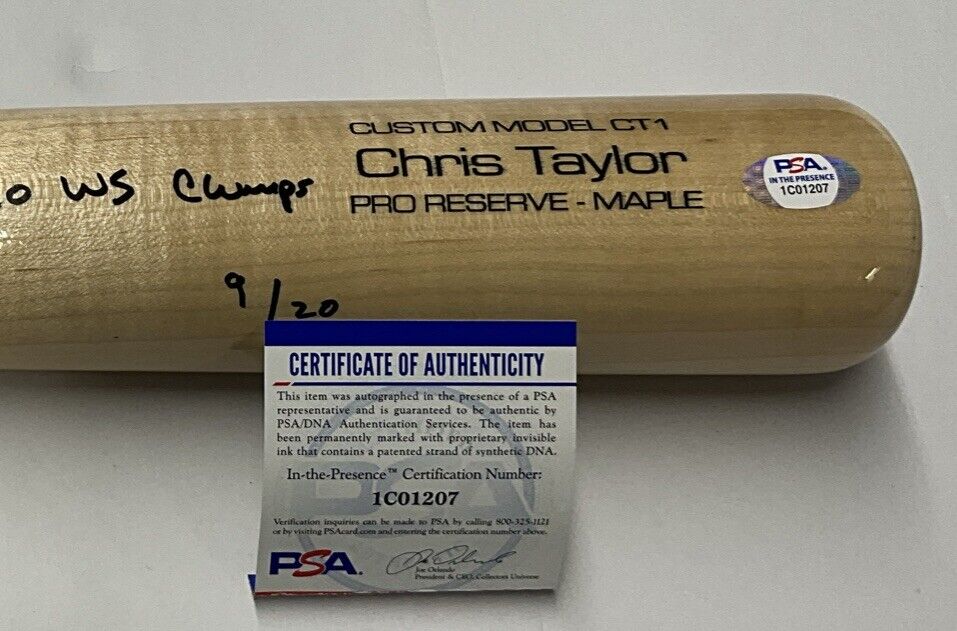 9/20 CHRIS TAYLOR DODGERS SIGNED VICTUS GAME MODEL BAT "2020 WS CHAMPS" INS PSA