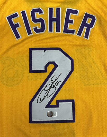 DEREK FISHER LOS ANGELES LAKERS 5X NBA CHAMP SIGNED HOME JERSEY BECKETT W128200